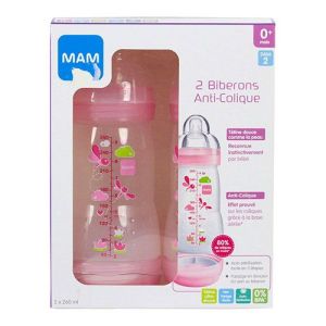 MAM Biberon Anti-colique Easy-Start Rose/blanc 2x260ml 0 mois et +